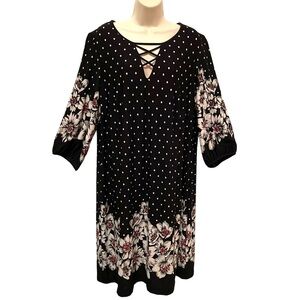 NWT Sandra Darren Women's Polka Dot & Floral Black White Shift Dress Size 14W